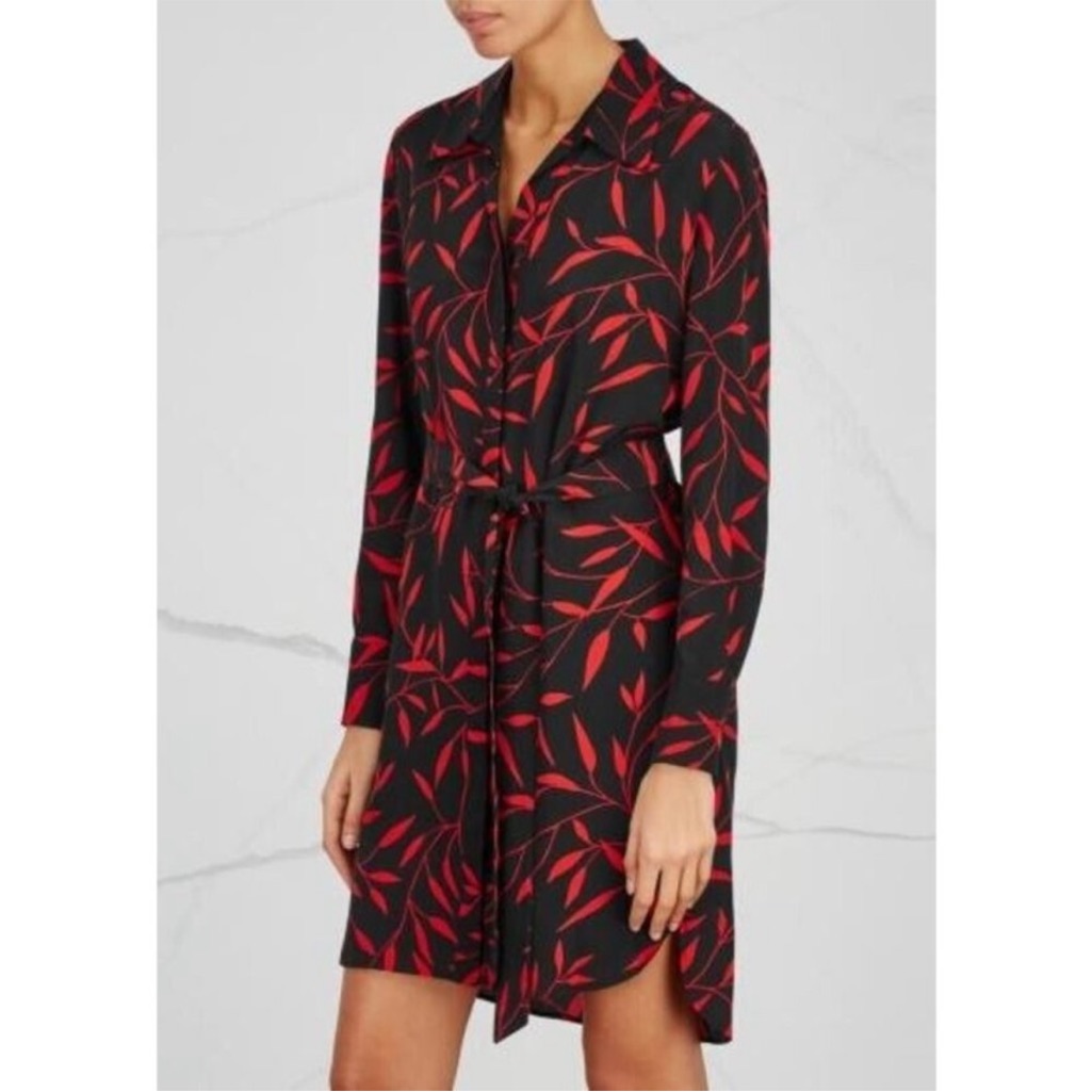 Diane Von Furstenberg Black Shirt Dress With Red Leaf Print